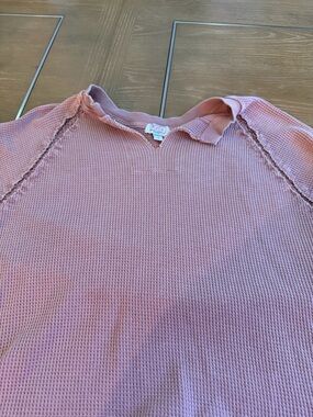 Waffle-Knit Pink Women's Top with Scalloped Neckline